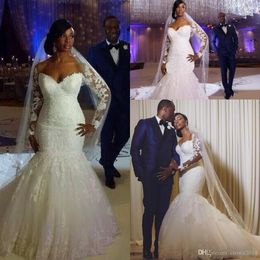 Long Sleeves Lace Mermaid Wedding Dresses South Africa Sheer Applique Plus Size Church Bridal Gowns Court Train White Wedding Gown