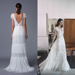 2016 Hot Sell Bohemian Wedding Dress Sexy Beaded Lace Applique Deep V Neck Short Sleeve White Backless Chiffon Beach Country Bridal Gowns