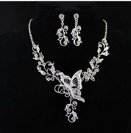 Bridal Flower Butterfly Diamond Necklace Earrings Dangle Set Silver Colour Leaf Hollow Out Butterfly Necklace Earrings