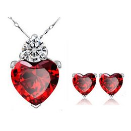 18 carats plaqué or rouge rubis coeur chaîne collier boucles d'oreilles ensembles de bijoux de mode pour les femmes