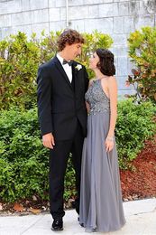 Gray Beaded Rhinestone Prom Dresses 8th Grade Graduation Gowns Sexy Backless Halter vestido de festa longo A Line Chiffon Party Dresses