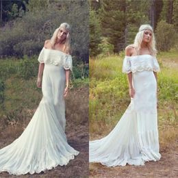 Spring Bohemian Beach Wedding Dresses Off the Shoulder Ivory Chiffon Garden Boho Bridal Gowns with Lace Appliques and Long Train