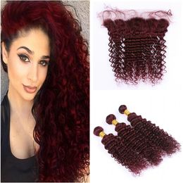 99J Deep Wave Hair With Lace Frontal Brazilian Virgin Hair Deep Wave Curly 99j Wine Red Hair 3 Bundles With Frontal Burgundy Coloured