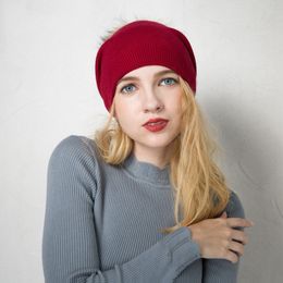 Womens Double Layer Casual Cashmere Cable Knitted Pom Pom Beanies Skullies Stylish Hat Winter Warm A392