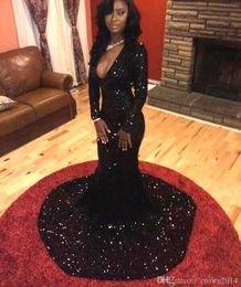 Black Sexy Mermaid Prom 2022 Spring Summer Sequin Long Sleeve V-neck Formal Party Evening African Dresses