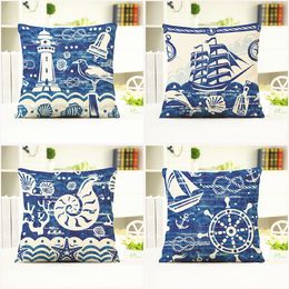 Summer Mediterranean Sea Style Pillow Case Square 45*45CM Linen Cotton Cushion Cover Conch Sailing Pillow Skin With Zipper