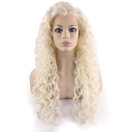 26inch Long Silver White Blonde Synthetic Lace Front Curly Wig
