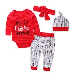 Newborn Baby Christmas Clothes Sets Toddler Boys Girls Long Sleeve Romper+Arrow Pants+Hat+Headband 4 Pieces Xmas Clothing sets Outfits