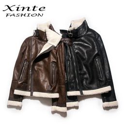Wholesale- 2017 Men Leather Jacket and Coats Suede Faux Lambswool Outwear Motorcycle Clothing Winter Warm Thickening Garment Parkas