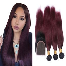 Ombre Straight Wine Red Hair 3 Paquetes Con Cierre De Encaje Dark Root Ombre 1b 99j Teje El Pelo Color Burdeos Con Cierre Superior