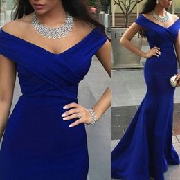 Royal Blue Prom Dresses SpTrumpet/Mermaid Off-the-shoulder Satin Ruffles Famous Sweep Train Sexy Formal Evening Gowns Dress Custom Made