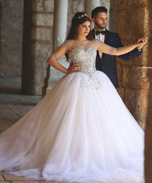 Vestidos de casamento de luxo de cristal vestidos de noiva contas sheer mangas compridas cristais vestido de noiva sem encosto até o chão tule bd019