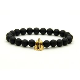 Natural Frosted Black Agate /&Black Lava Stone Beads Rose Gold Plated Micro Pave CZ Spartan Gladiator Helmet,Ancient Warrior Beaded Bracelet