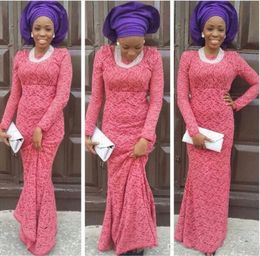 Africa Evening Dresses Aso Ebi Jewel Long Sleeves Prom Dresses Nigeria Lace Sheath Watermelon Floor-Length Custom Made Party Gowns 2017