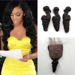 Silk Base Closure with 3 Bundles Peruvian Indian Malaysian Brazilian Hair Bundles Unprocessed Remy Loose Wave Virgin Hair Extensions