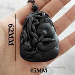 New Arrival Real Fashion Hand-carved Panda Pendant Lockets Natural Obsidian Necklace Fine Jade Jewellery For Women Men Sale Free Rope