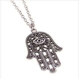 Fashion 100pcs Silver Hollow Evil Eye Hand charms Pendant Chain Sweater Necklace Jewelry