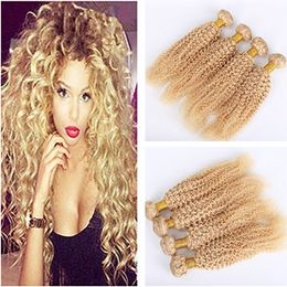 #613 Russian Blonde Human Hair Weaves Kinky Curly Golden Blonde Virgin Remy Human Hair Bundles 10-30" Peruvian Blonde Hair Double Wefts