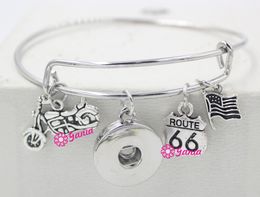 Wholesale New Arrival Interchangeable Jewelry USA Flag Motocycle Route 66 Charms Adjustable Snap Bangles Bracelets for Women Jewelry