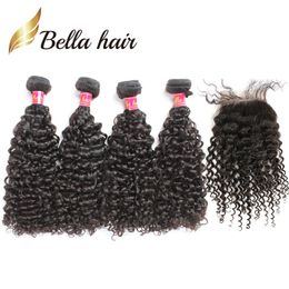 Brazilian Curly Hair 4 Bundles With Closure Natural Colour Weave Black Extensions Bella Hair 5PCS/Lot