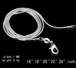 925 Sterling Silver Plated Snake Necklace Fashion Smooth Link Chain Lobster Clasp Fit Pendant 1mm 16-24 inch DHL