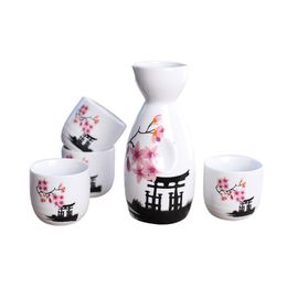 Japanese Sake Set Ceramic Hip Flasks Cups Hand Painted Kiyomizu Temple and Cherry Blossom Elegant Wine Drinkware Oriental Gifts