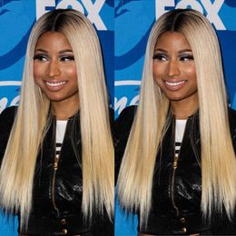Zweifarbige Ombre-Perücke mit schwarzem Wurzelblondem Haar, lange, seidige, gerade, hitzebeständige Perücke, leimloses Haar, synthetische Lace-Front-Perücke für schwarze Frauen