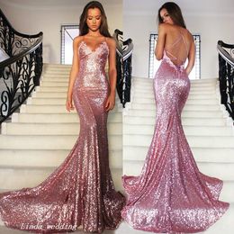 2019 Rose Pink Sequins Prom Dress Spaghetti Strap Long Special Occasion Dress Evening Party Gown Plus Size vestidos de festa
