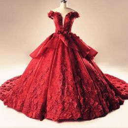 Luxury Lace Ball Gown Wedding Dress Off the Shoulder 3d Floral Appliques Red Wedding Gowns Lace-up Back Tiered Skirt Peplum