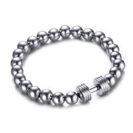 Mens Stainless Steel Silver Dumbbell Charm Bracelet with 8mm Beads Chain Fitness Jewellery Power Gym