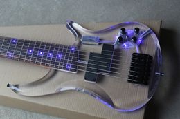 Rare 7 Strings Acrylic Body Blue LED Light Electric Bass Guitar Maple Neck, Rosewood Fingerboard, Active Wires & 9V Battery Box, Black Hardware