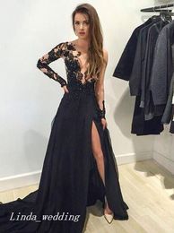 Gorgeous Black Long Prom Dress Sheer Lace Side Slit Special Occasion Dress Evening Party Dress Women Wear