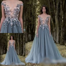 Amazing 3D Flower Applique Evening Gowns 2017 Sheer Neck Cap Sleeve Gray A Line Prom Dresses Sequins Beaded Tulle Floor Length Formal Wear