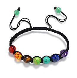 JLN Seven Chakra Adjustable Bracelet Yoga Healing Tiger Eye Lapis Amethyst Beads Handmade Braided Bracelets For Men Women