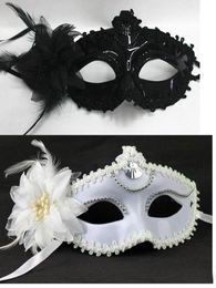 Venetian Mysterious Masquerade Mask Pure Color Venitian Mask Mardi Gras Mask with Flower Eye Mask Accessory (Black White)