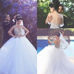 2016 New Sexy Ball Gown Wedding Dresses Illusion Neck Crystal Beaded Long Tulle Puffy Sweep Train Said Mhamad Plus Size Formal Bridal Gowns