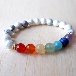 SN1122 Chakra Rainbow Bracelet Howlite Turquoise Bracelet Mala Bead Bracelet, Womens Gemstone Bracelet Best Gift for Mom