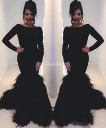 Sexy Black Feather Mermaid Evening Gowns Bateau Long Sleeve Zipper Back Prom Dresses Floor Length Cocktail Party Dresses Custom Made