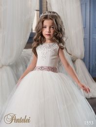 Kids Wedding Dresses with Wraps Pentelei with Beaded Sash and Lace Up Back Crystals Tulle Princess Flower Girls Gowns for Toddlers