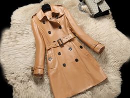 Women's new luxury genuine sheepskin leather turn down collar long sleeve sashes double breasted medium long trench coat abrigos M-3XL