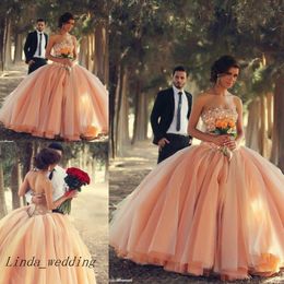 Free Shipping Peach Color Sweetheart Beads Crystals Wedding Dress Tulle Ball Gown Robe De Mariage Long Wedding Bridal Gowns