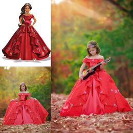 Red Off Shoulder Pageant Dress For Girls Floral Appliques Ball Gown Flower Girl Dress Princess Girl Birthday Dress Kids Wedding Formal Wear