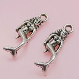 200pcs Tibetan Silver Mermaid Charms Pendant For Jewelry Making Bracelet 21x7mm