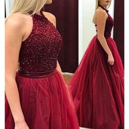 Sexy Halter Backless Beaded Long Prom Dresses Charming Floor Length Prom Party Dress Hot Sale Burgundy Tulle Ball Gown Evening Gowns