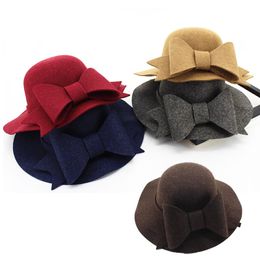 Autumn Winter Women Wool Felt Fedoras with Bow Fashion Ladies Girls Wide Brim Hats Caps Vintage Dome Sun Top Hats GH-154