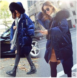 Women's new elegant blue color velvet white duck down padded medium long raccoon fur hooded parka coat casacos down coat XS-XL