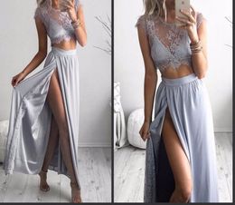 Two Pieces Lavendar Prom Dresses Lace Crop Top Side Split Skirt Capped Sleeve Sexy Slit Graduation Party Dress Evening Gowns Vestidos de