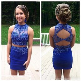 Royal Blue Tight Homecoming Dresses Two Piece Modest Prom Dresses Sleeveless Backless Mini Cocktail Dresses Beaded Party Dress po100