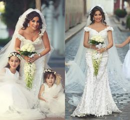 Arabic Mermaid Wedding Dresses V Neck Cap Sleeves Full Lace 3D Floral Beaded Sweep Train Said Mhamad Plus Size Formal Bridal Dress 0424