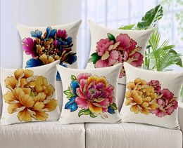 180g Top Quality Flower Pillow Case Home Sofa Cushion Cover Hand Painted Beautiful Peony Car Chair Pillowcases Linen Cotton Blend